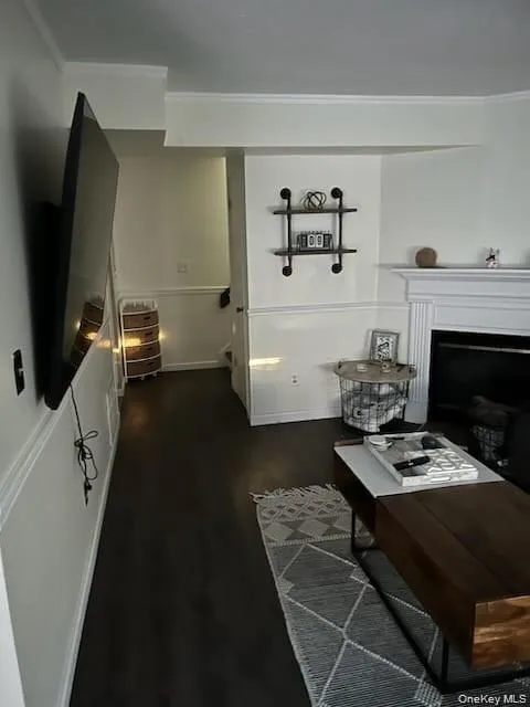 Living room with dark wood-style floors, crown molding, and a fireplace Living room with dark wood-style floors, crown molding, and a fireplace