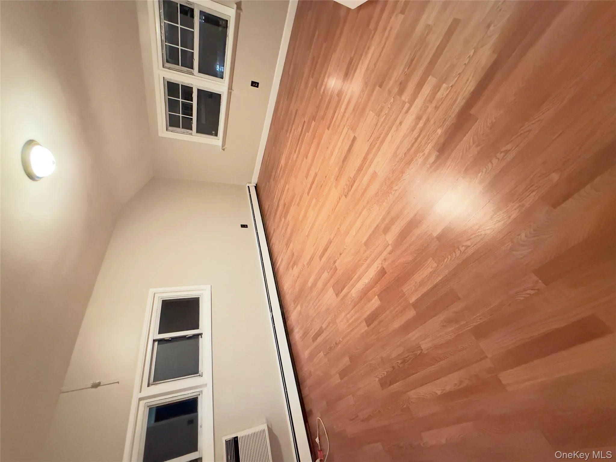 Empty room with vaulted ceiling, light wood-style flooring, baseboard heating, and a wall mounted air conditioner Empty room with vaulted ceiling, light wood-style flooring, baseboard heating, and a wall mounted air conditioner