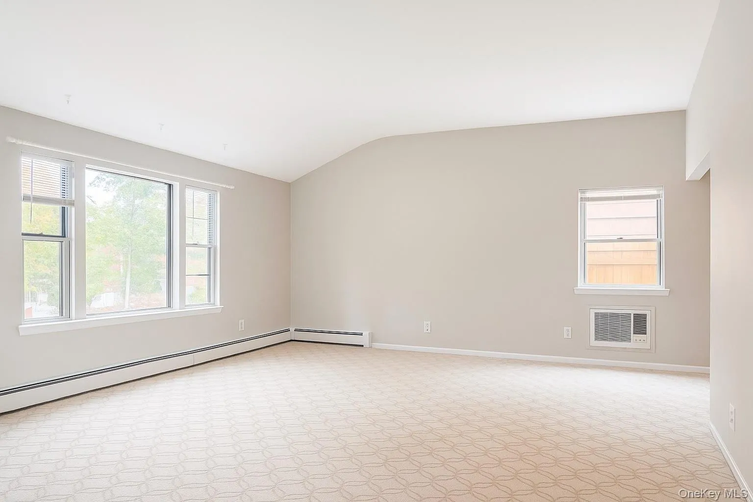 Empty room with light colored carpet, baseboard heating, and lofted ceiling Empty room with light colored carpet, baseboard heating, and lofted ceiling