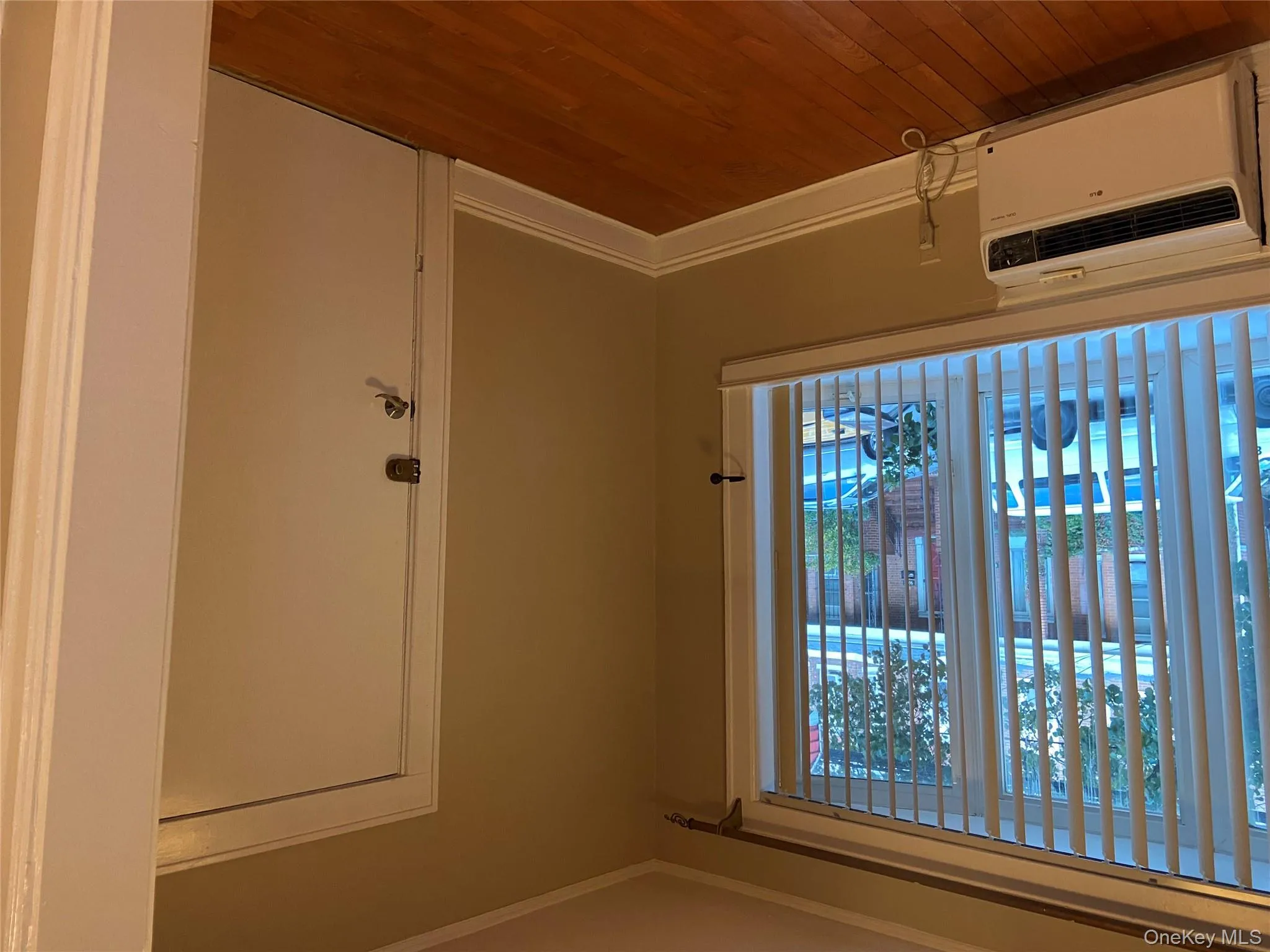 Spare room featuring dark wood finished floors, crown molding, and a wall mounted AC Spare room featuring dark wood finished floors, crown molding, and a wall mounted AC