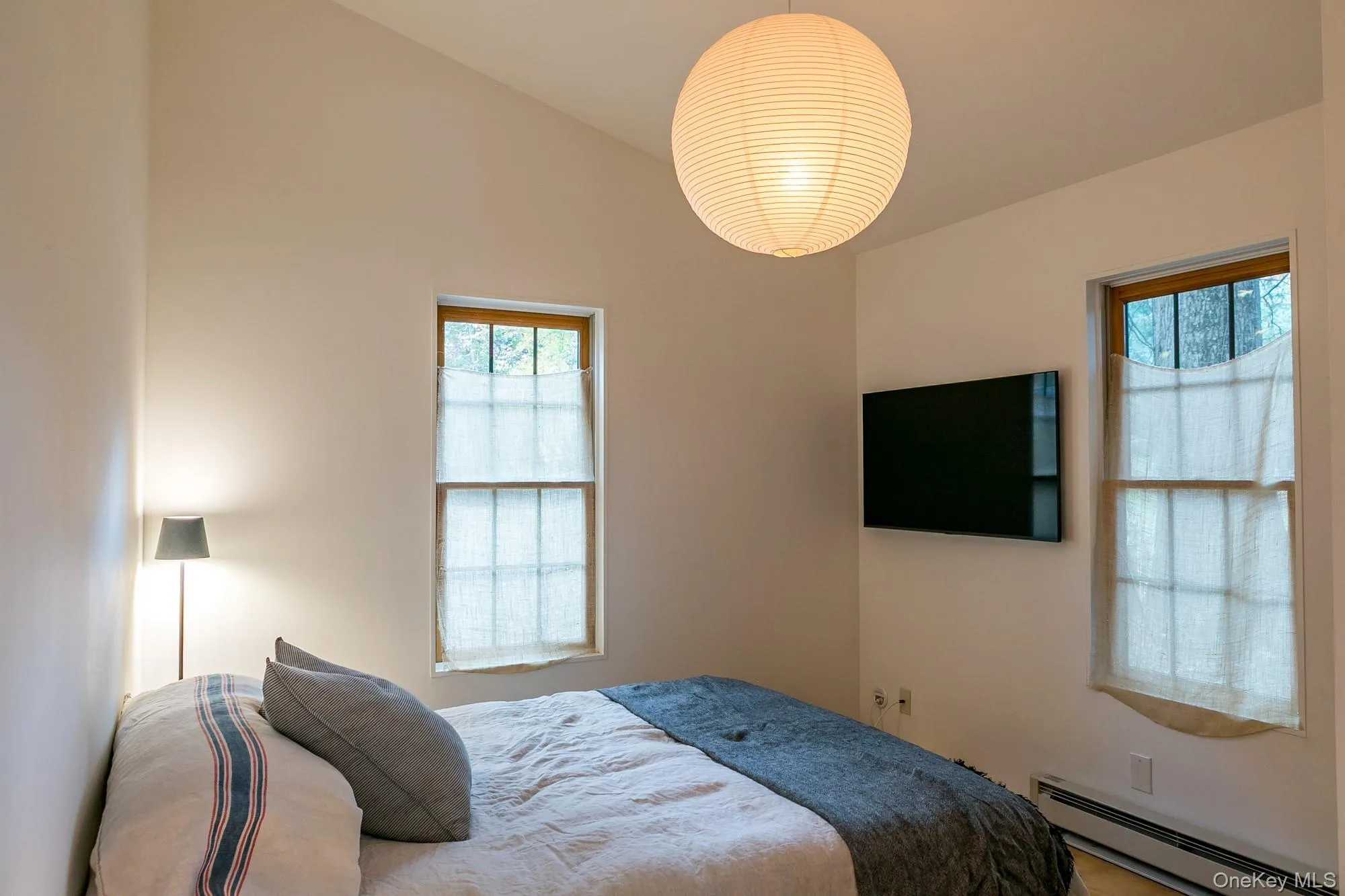 Bedroom featuring a baseboard radiator and vaulted ceiling Bedroom featuring a baseboard radiator and vaulted ceiling