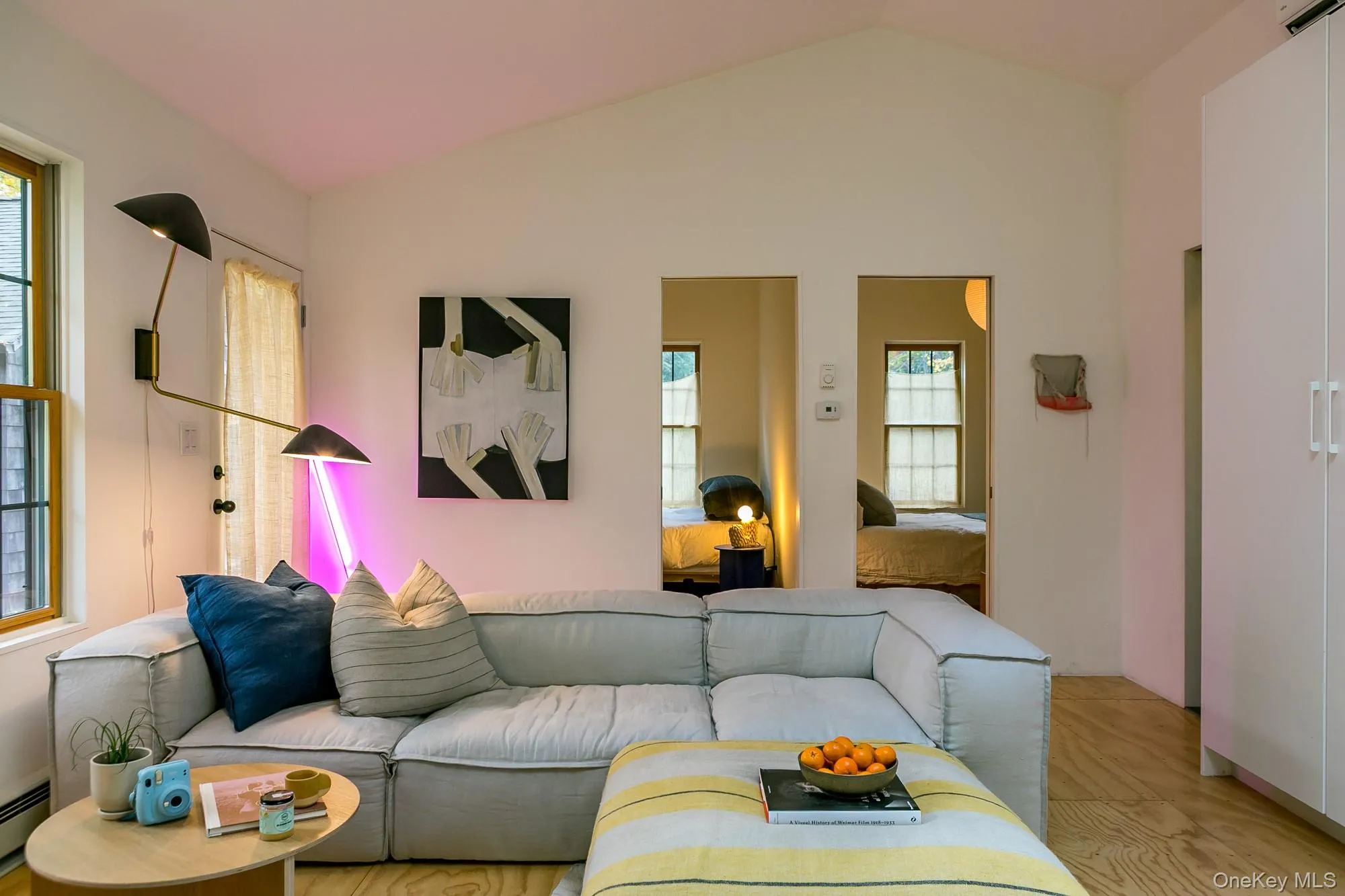 Living room with vaulted ceiling and baseboard heating Living room with vaulted ceiling and baseboard heating