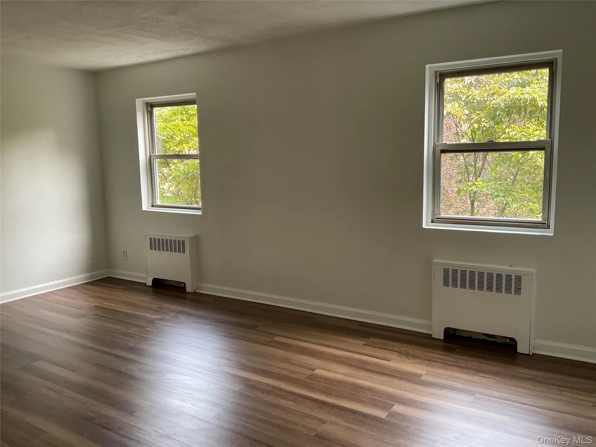 Spare room featuring radiator, dark wood-style floors, and a textured ceiling Spare room featuring radiator, dark wood-style floors, and a textured ceiling