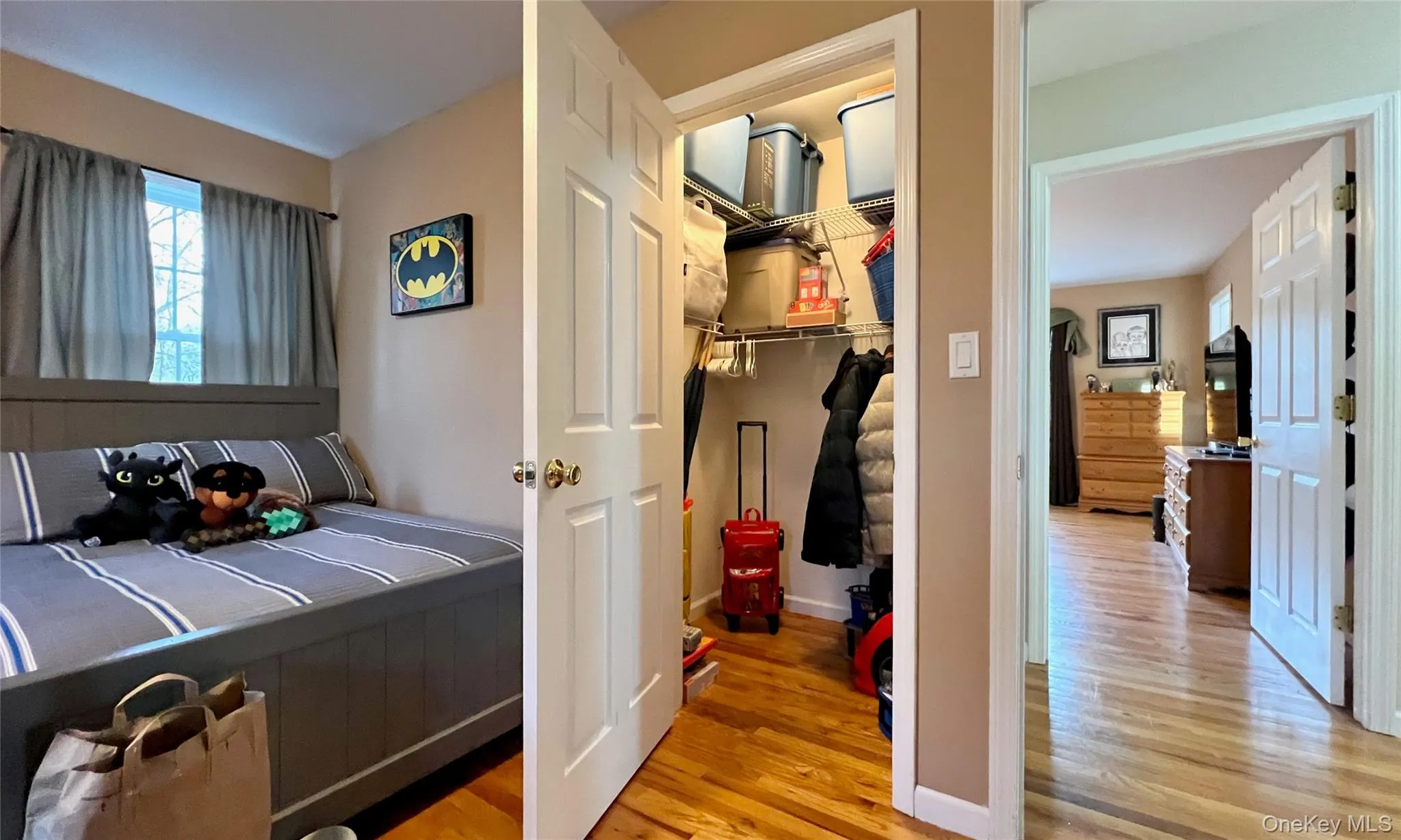Bedroom with light wood-style flooring and a walk in closet Bedroom with light wood-style flooring and a walk in closet