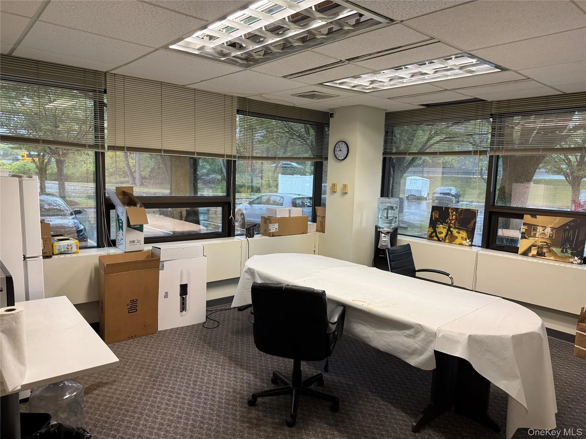Carpeted home office featuring plenty of natural light and a drop ceiling Carpeted home office featuring plenty of natural light and a drop ceiling
