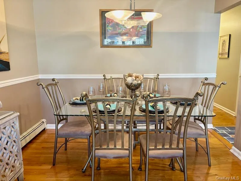 Dining area featuring a baseboard radiator and wood finished floors Dining area featuring a baseboard radiator and wood finished floors