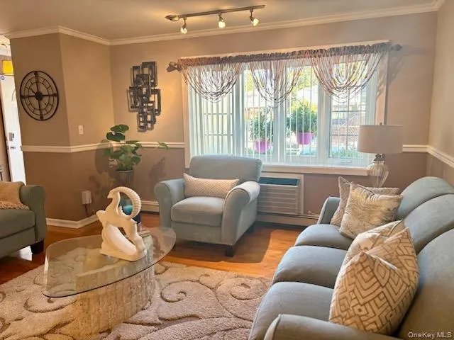 Living room with crown molding, wood finished floors, track lighting, and a wall mounted air conditioner Living room with crown molding, wood finished floors, track lighting, and a wall mounted air conditioner