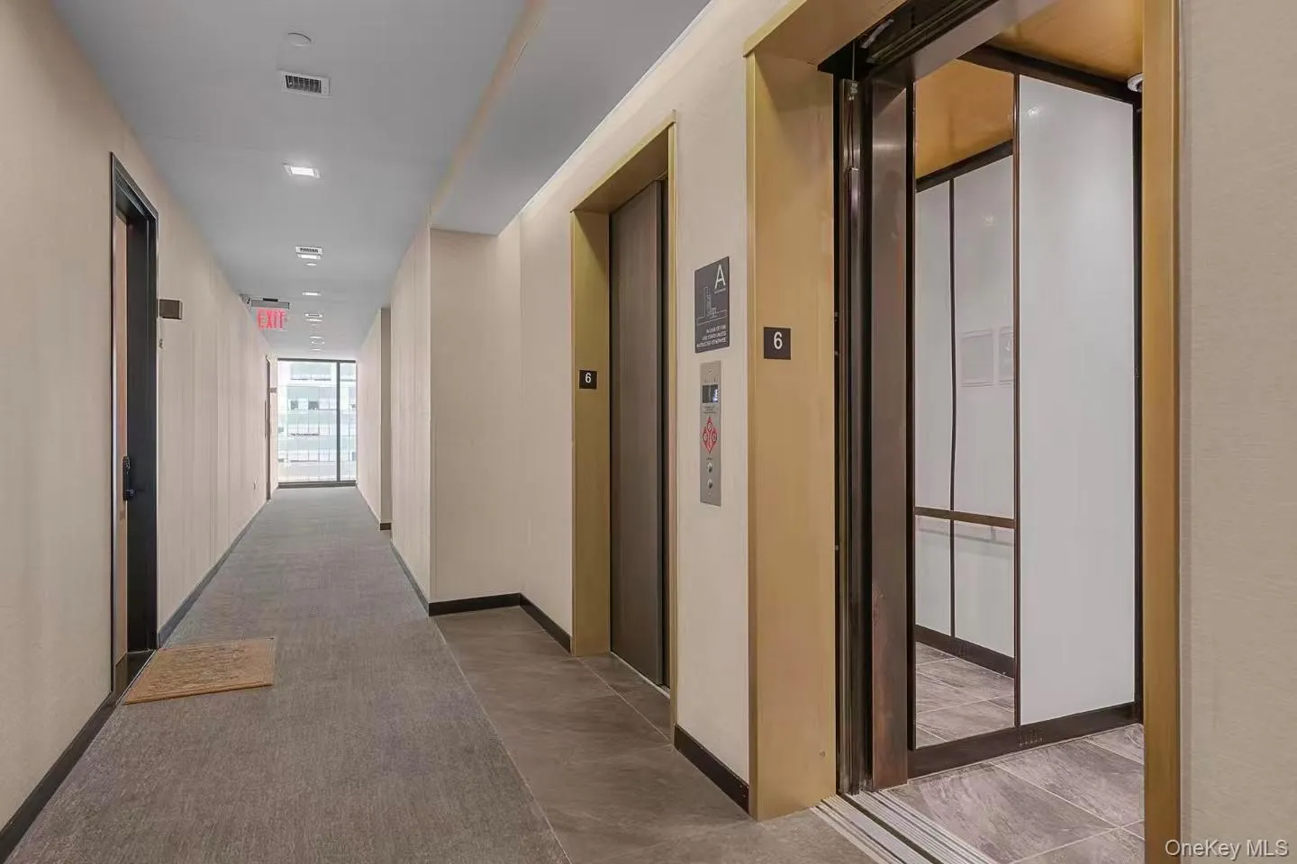 Hallway featuring elevator and carpet flooring Hallway featuring elevator and carpet flooring