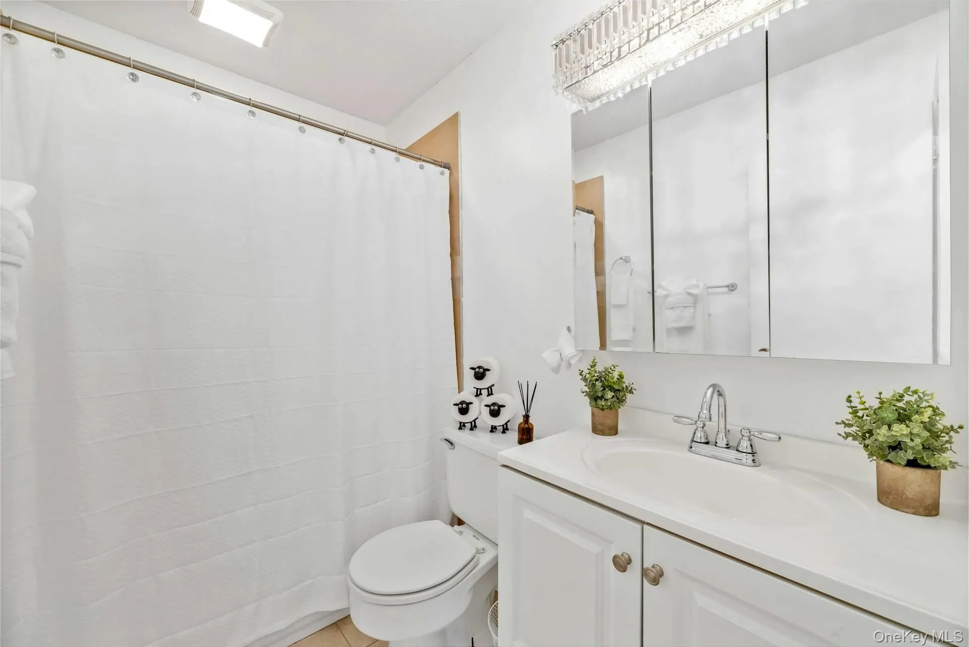 Full bathroom with vanity and a shower with curtain Full bathroom with vanity and a shower with curtain