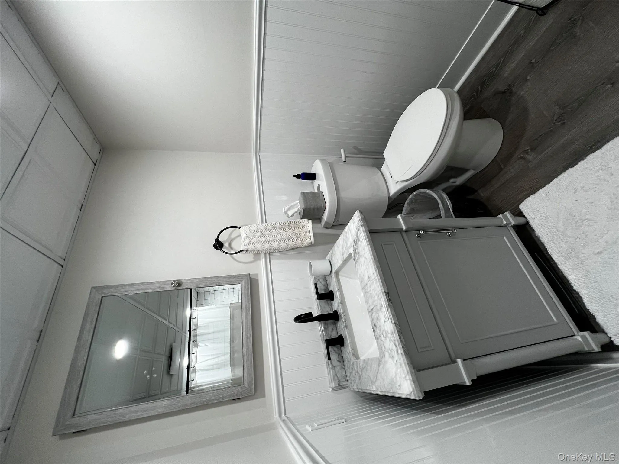 Bathroom featuring dark wood-style flooring, a shower with shower curtain, vanity, and wainscoting Bathroom featuring dark wood-style flooring, a shower with shower curtain, vanity, and wainscoting