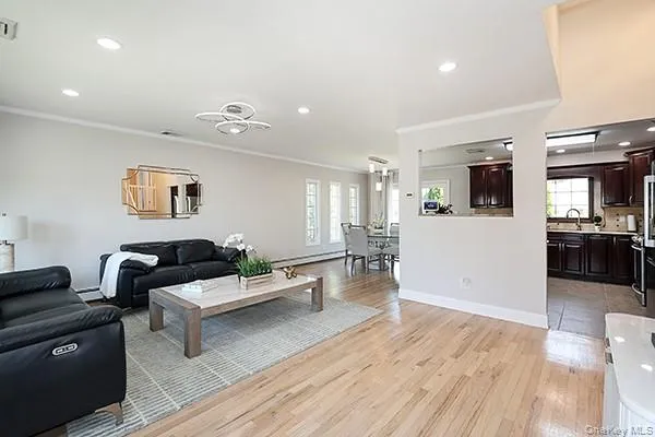Living room with ornamental molding, healthy amount of natural light, light wood finished floors, recessed lighting, and a baseboard radiator Living room with ornamental molding, healthy amount of natural light, light wood finished floors, recessed lighting, and a baseboard radiator