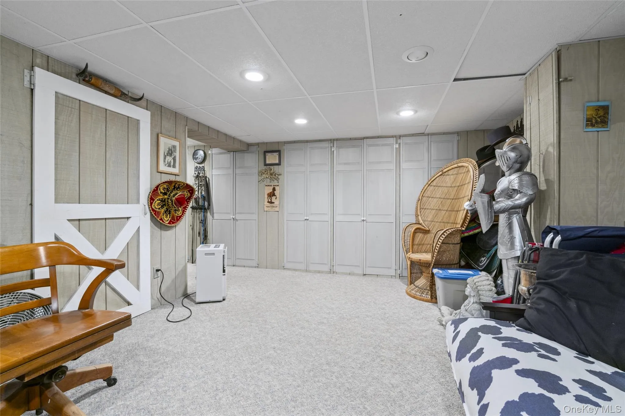 Finished side of the basement with large storage closest and multiple smaller closets Finished side of the basement with large storage closest and multiple smaller closets