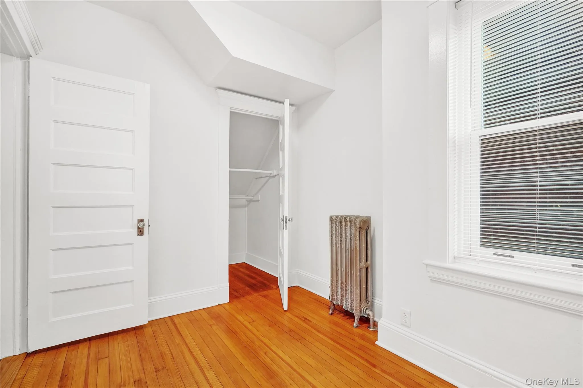 Unfurnished bedroom featuring light wood finished floors and radiator Unfurnished bedroom featuring light wood finished floors and radiator