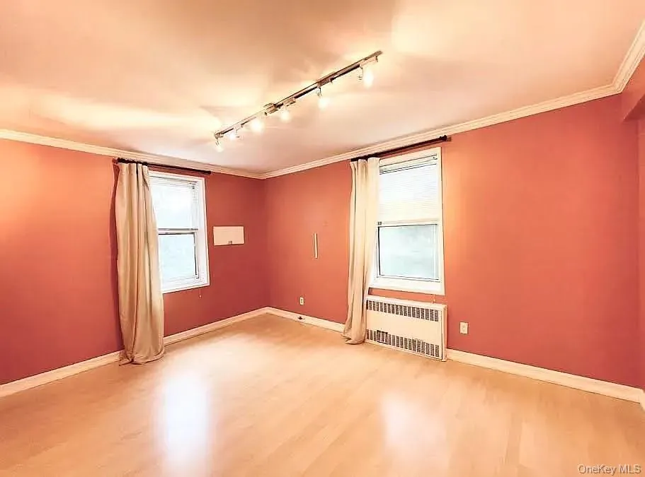 Empty room featuring track lighting, crown molding, radiator heating unit, light wood-style floors, and plenty of natural light Empty room featuring track lighting, crown molding, radiator heating unit, light wood-style floors, and plenty of natural light