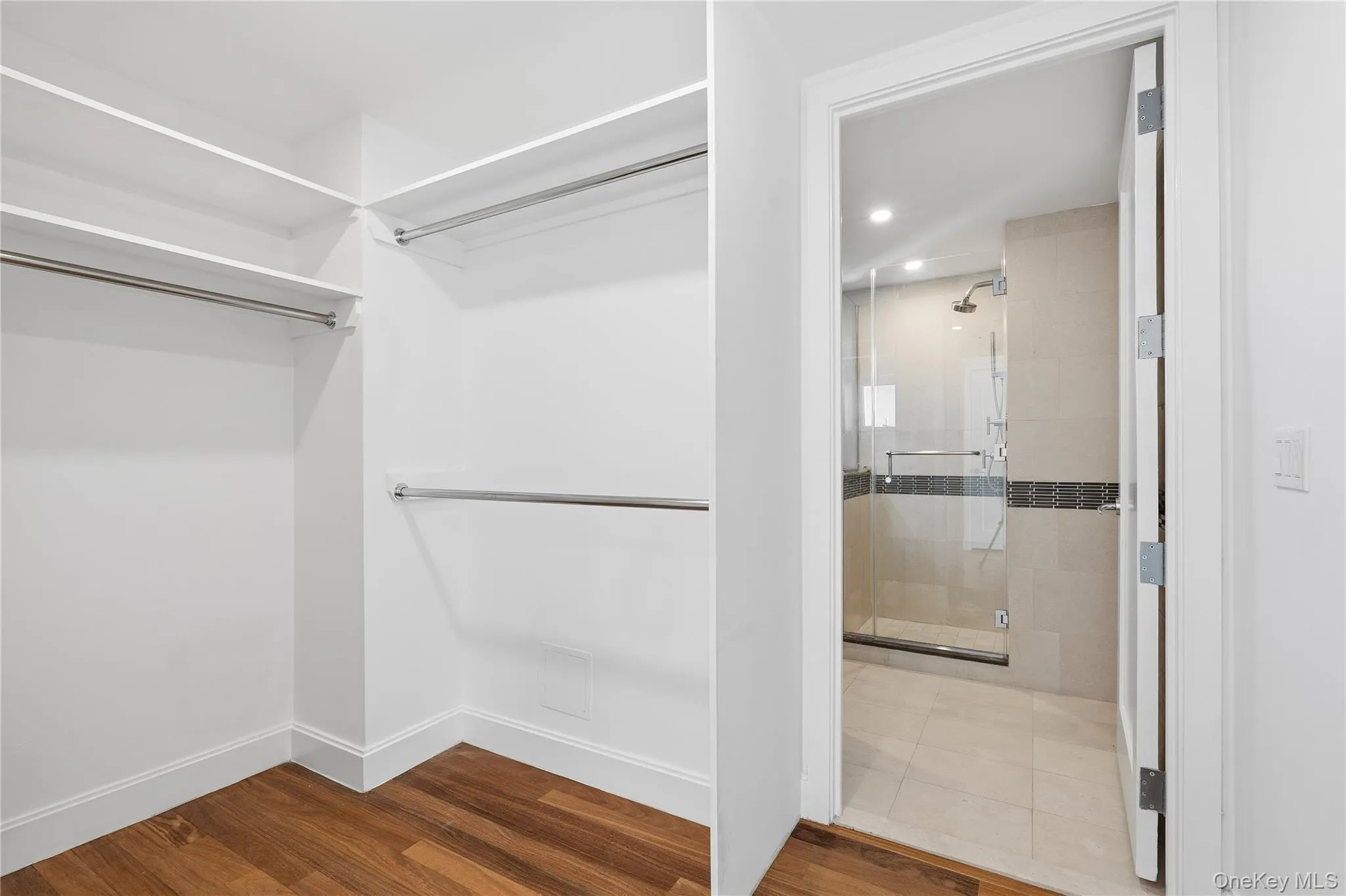Spacious closet with dark wood-type flooring Spacious closet with dark wood-type flooring