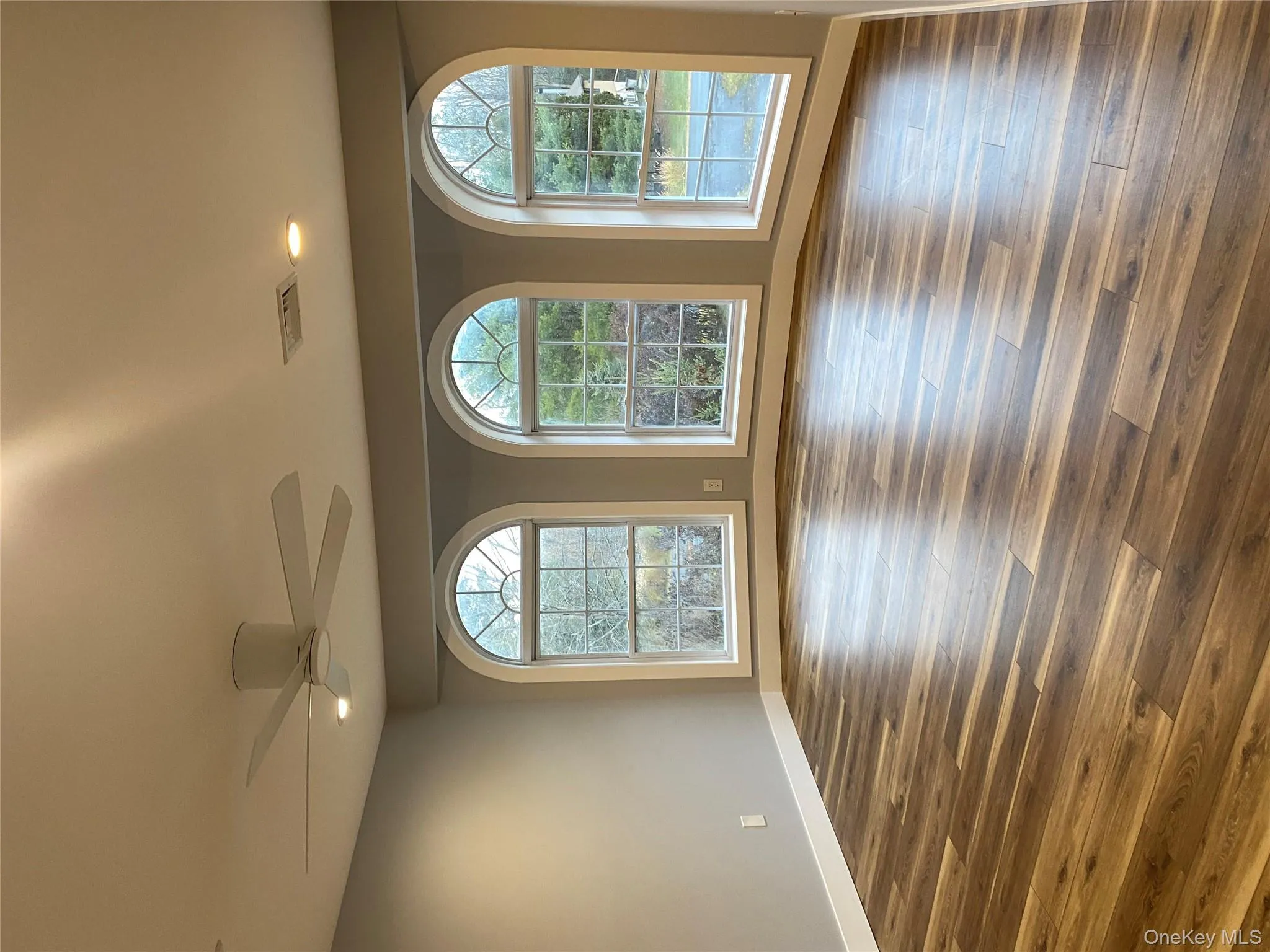 Empty room featuring recessed lighting, healthy amount of natural light, dark wood finished floors, and a ceiling fan Empty room featuring recessed lighting, healthy amount of natural light, dark wood finished floors, and a ceiling fan