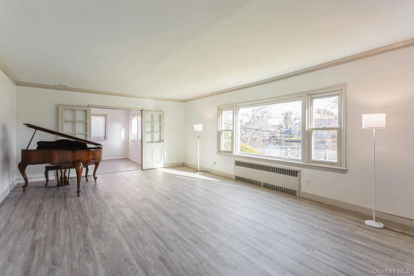 Living room featuring radiator, light wood-type flooring, and crown molding Living room featuring radiator, light wood-type flooring, and crown molding