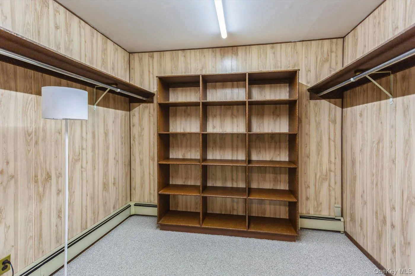 Walk in closet featuring light colored carpet and a baseboard radiator Walk in closet featuring light colored carpet and a baseboard radiator