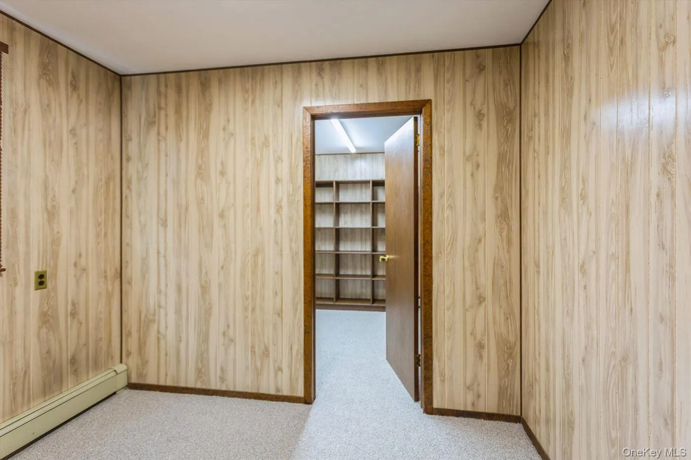 Spare room with baseboard heating, wood walls, and light carpet Spare room with baseboard heating, wood walls, and light carpet