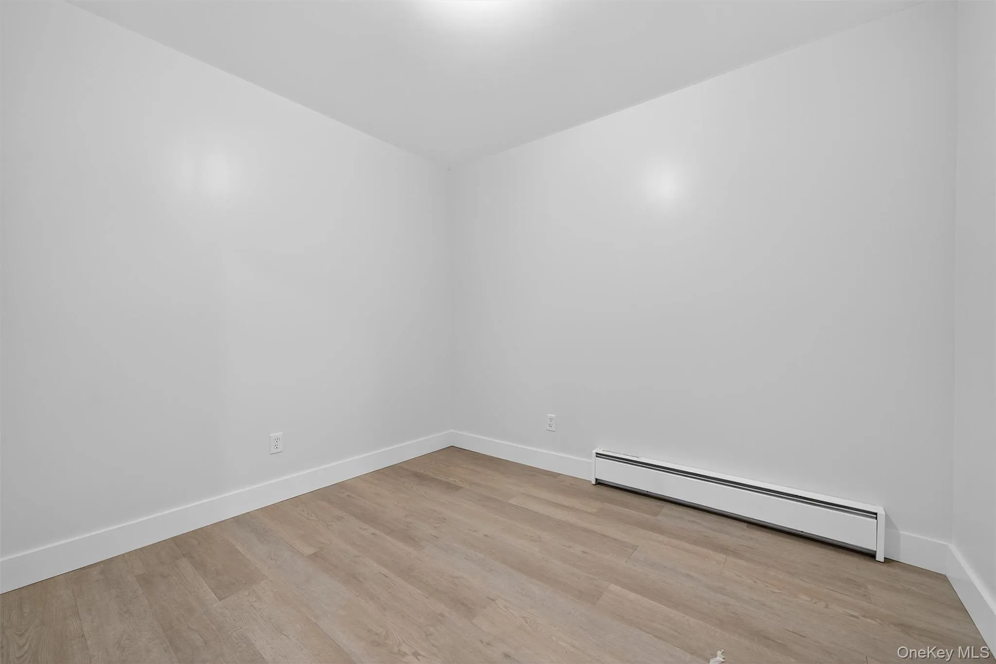 Unfurnished room featuring a baseboard radiator and light wood-style floors Unfurnished room featuring a baseboard radiator and light wood-style floors