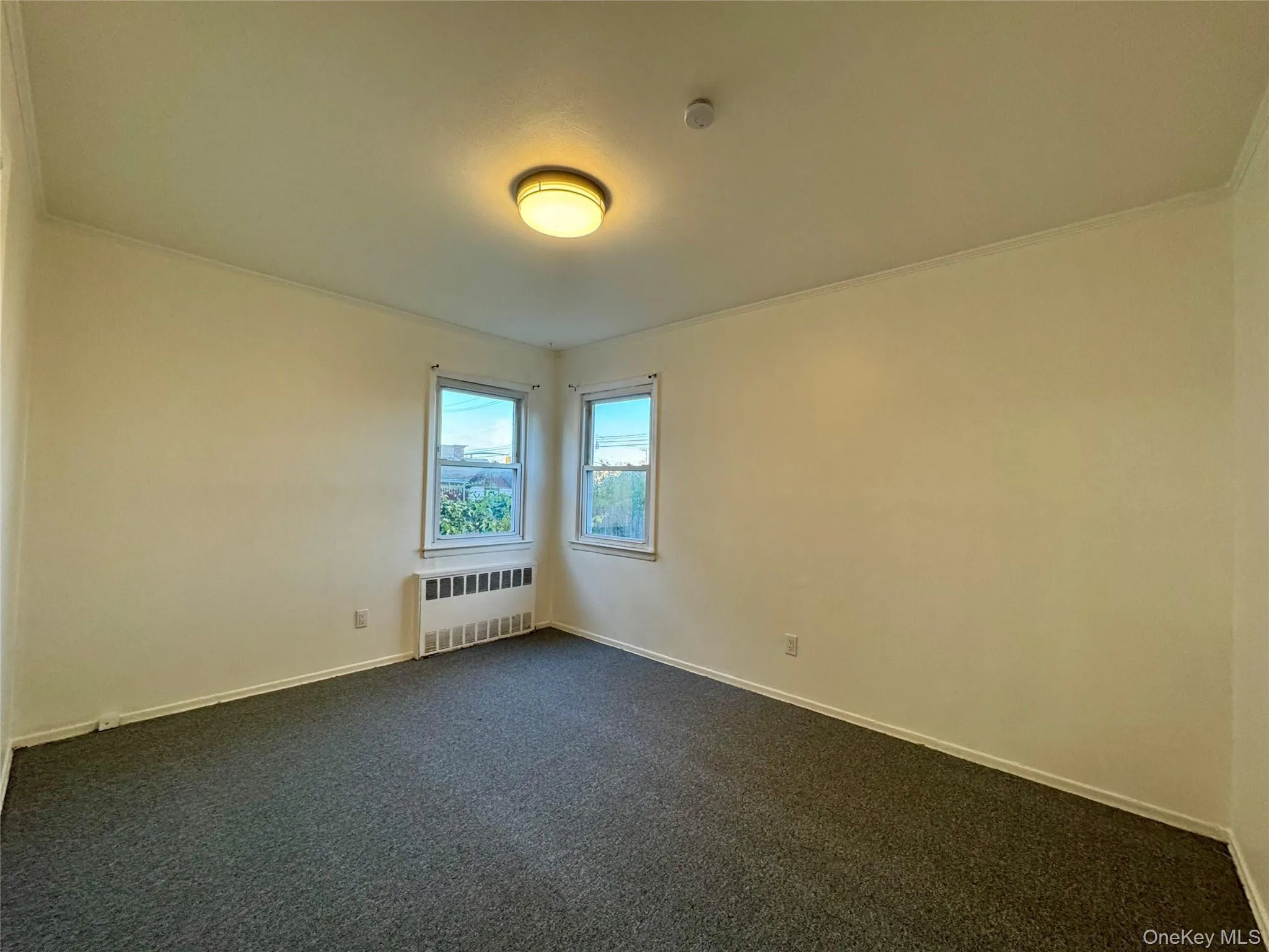 Empty room with dark colored carpet, radiator heating unit, and crown molding Empty room with dark colored carpet, radiator heating unit, and crown molding