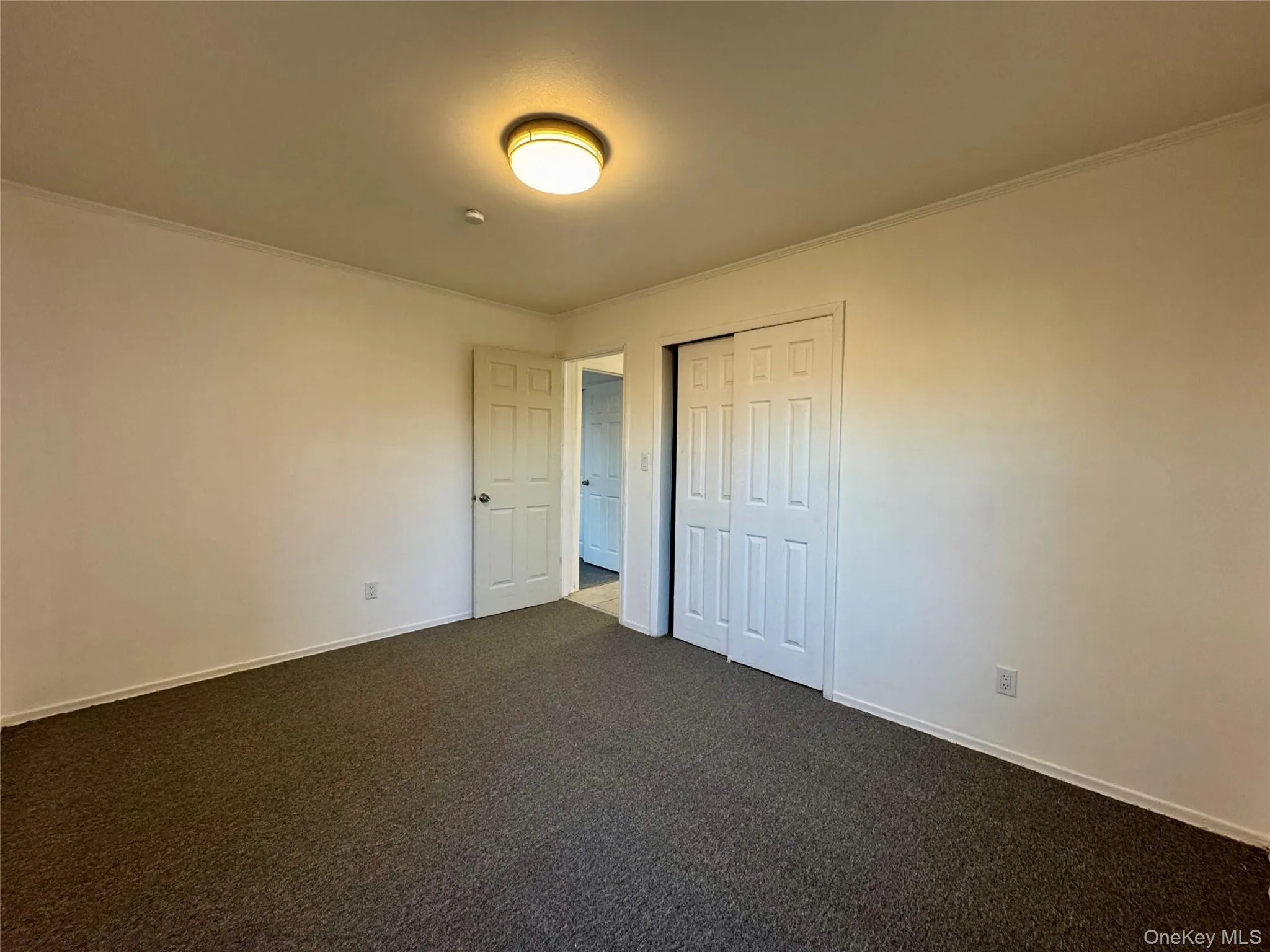 Unfurnished bedroom featuring crown molding, dark colored carpet, and a closet Unfurnished bedroom featuring crown molding, dark colored carpet, and a closet