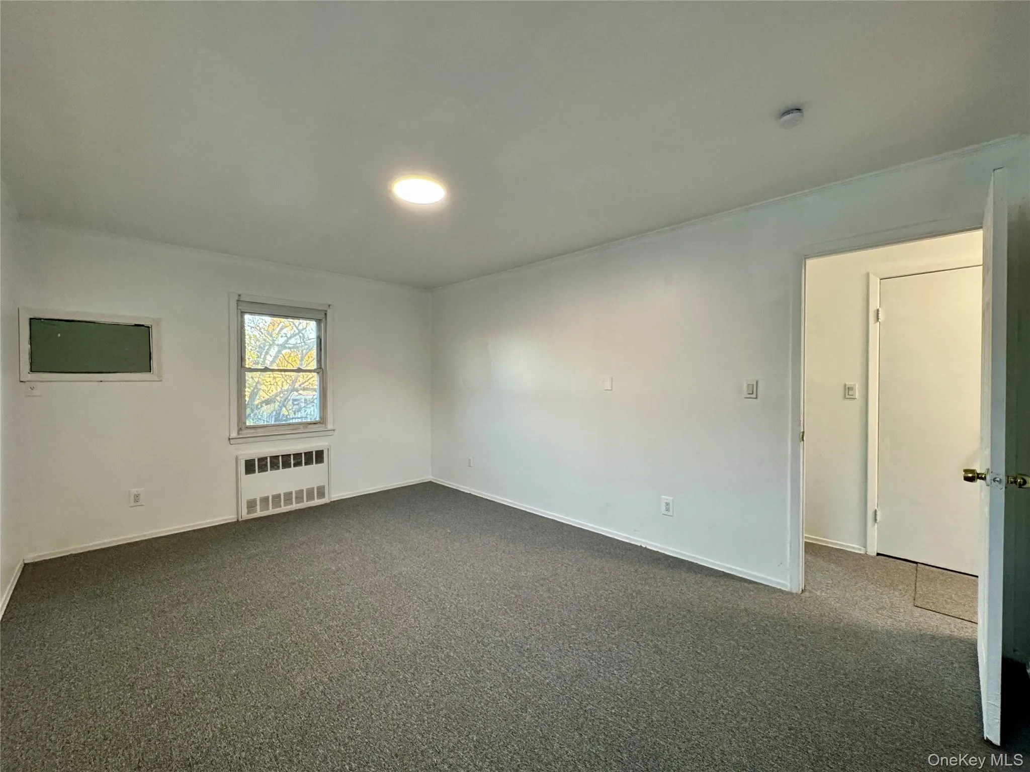 Empty room with dark carpet and radiator Empty room with dark carpet and radiator