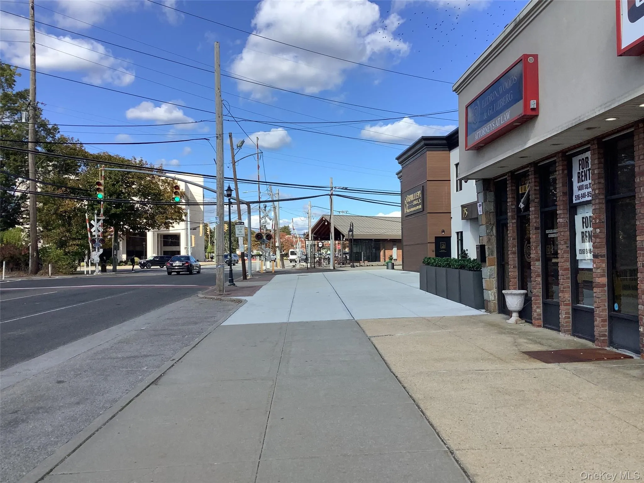 View of asphalt road with sidewalks, street lighting, traffic lights, and curbs View of asphalt road with sidewalks, street lighting, traffic lights, and curbs