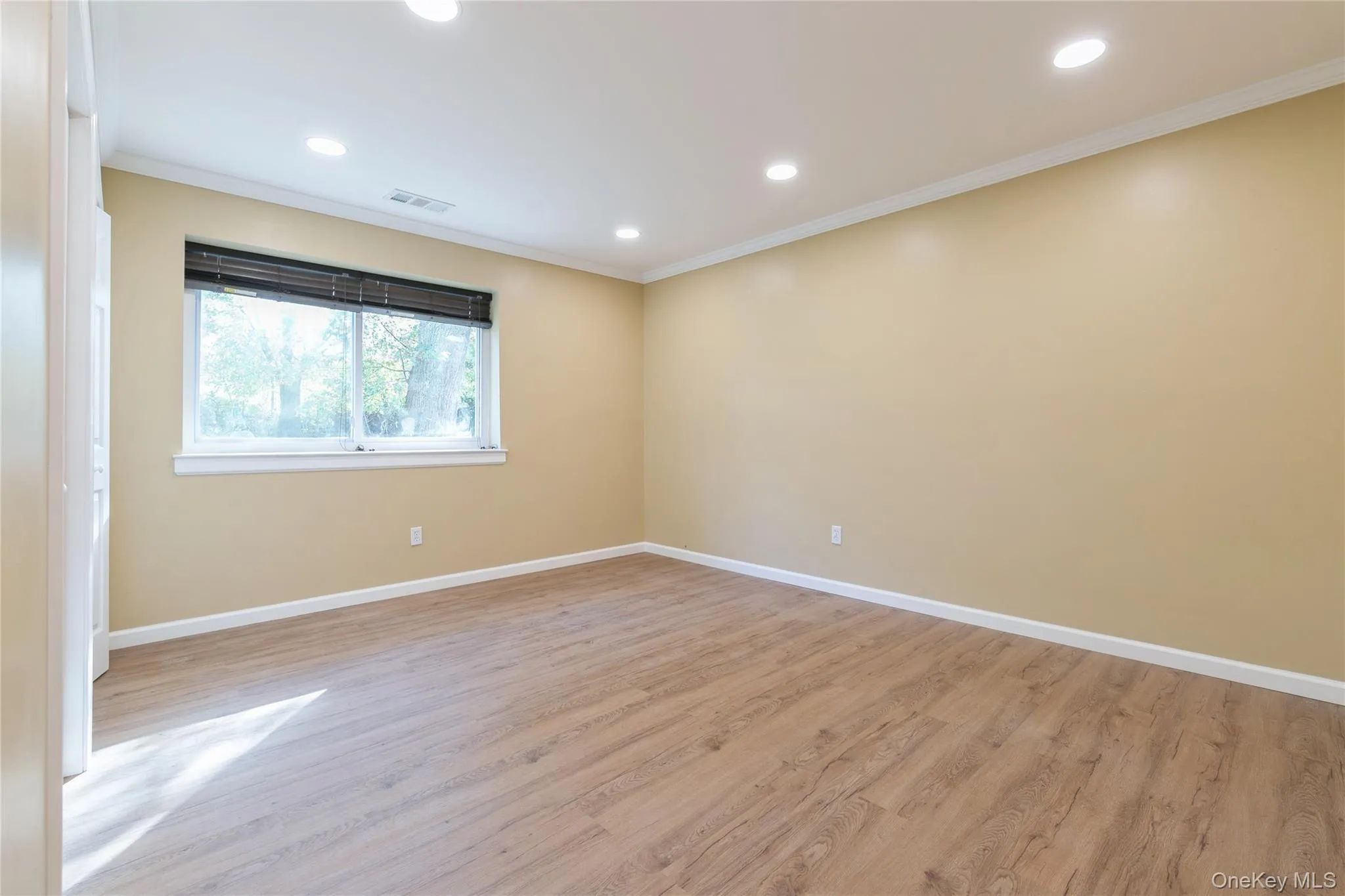 Spare room with ornamental molding, light wood-style floors, and recessed lighting Spare room with ornamental molding, light wood-style floors, and recessed lighting