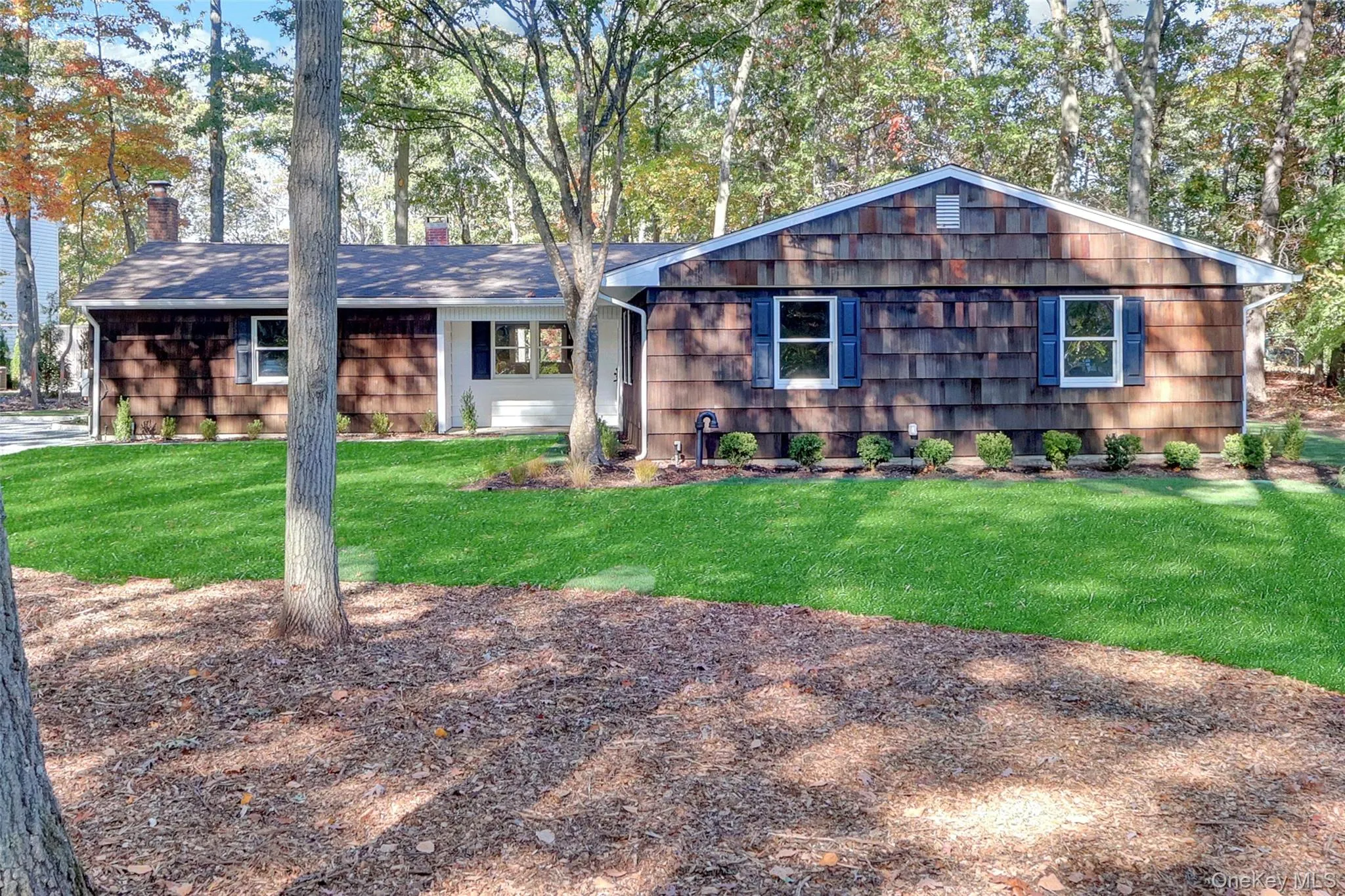 Ranch-style home with a front lawn, a chimney, and view of scattered trees Ranch-style home with a front lawn, a chimney, and view of scattered trees
