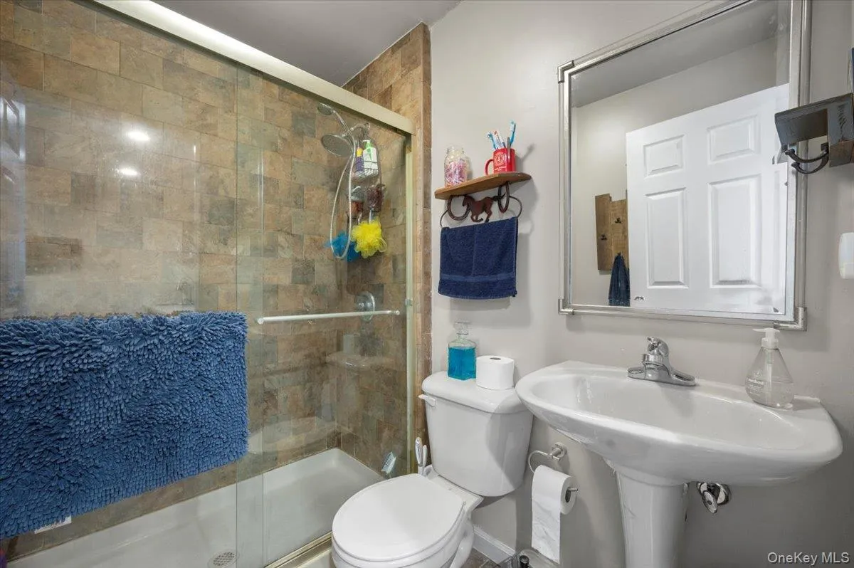 Bathroom featuring toilet and a shower stall Bathroom featuring toilet and a shower stall