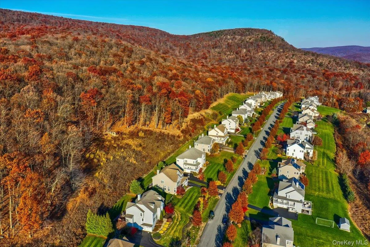 Aerial perspective of suburban area featuring mountains and a heavily wooded area Aerial perspective of suburban area featuring mountains and a heavily wooded area