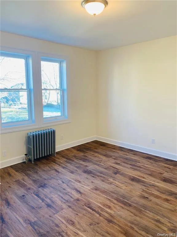 Spare room featuring radiator and dark wood finished floors Spare room featuring radiator and dark wood finished floors