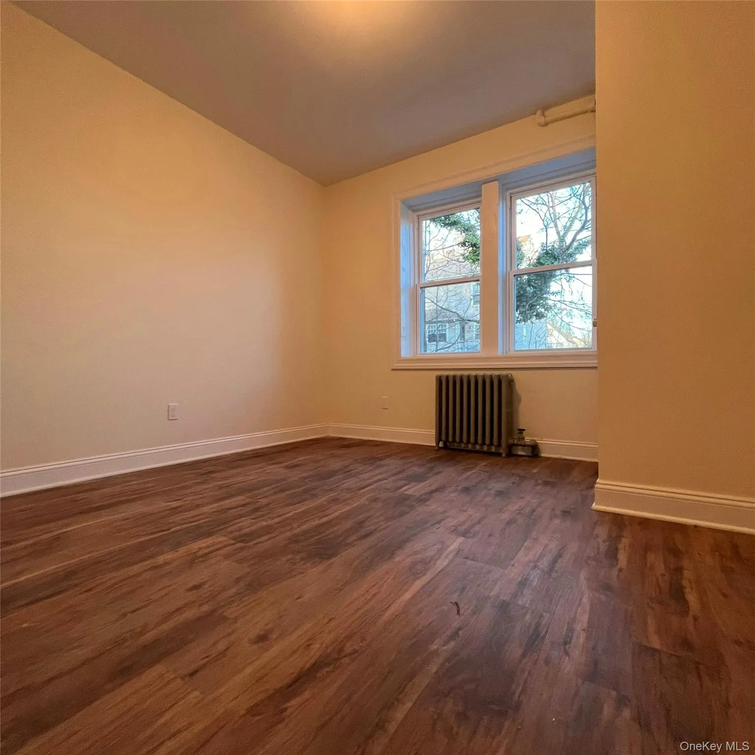 Spare room featuring dark wood-style flooring and radiator heating unit Spare room featuring dark wood-style flooring and radiator heating unit