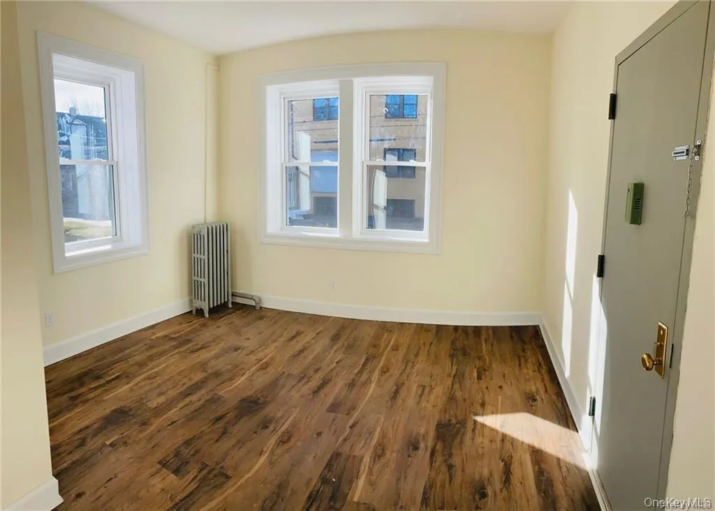 Spare room with healthy amount of natural light, dark wood-style flooring, and radiator heating unit Spare room with healthy amount of natural light, dark wood-style flooring, and radiator heating unit