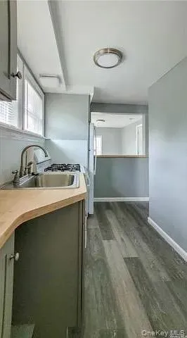Kitchen with dark wood finished floors and light countertops Kitchen with dark wood finished floors and light countertops