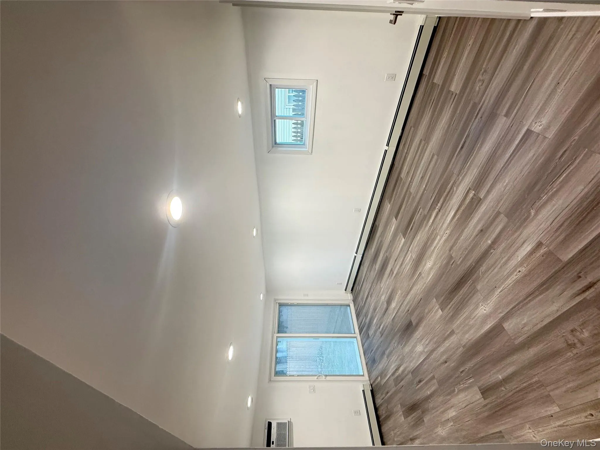 Below grade area featuring baseboard heating, wood finished floors, and a wall mounted AC Below grade area featuring baseboard heating, wood finished floors, and a wall mounted AC