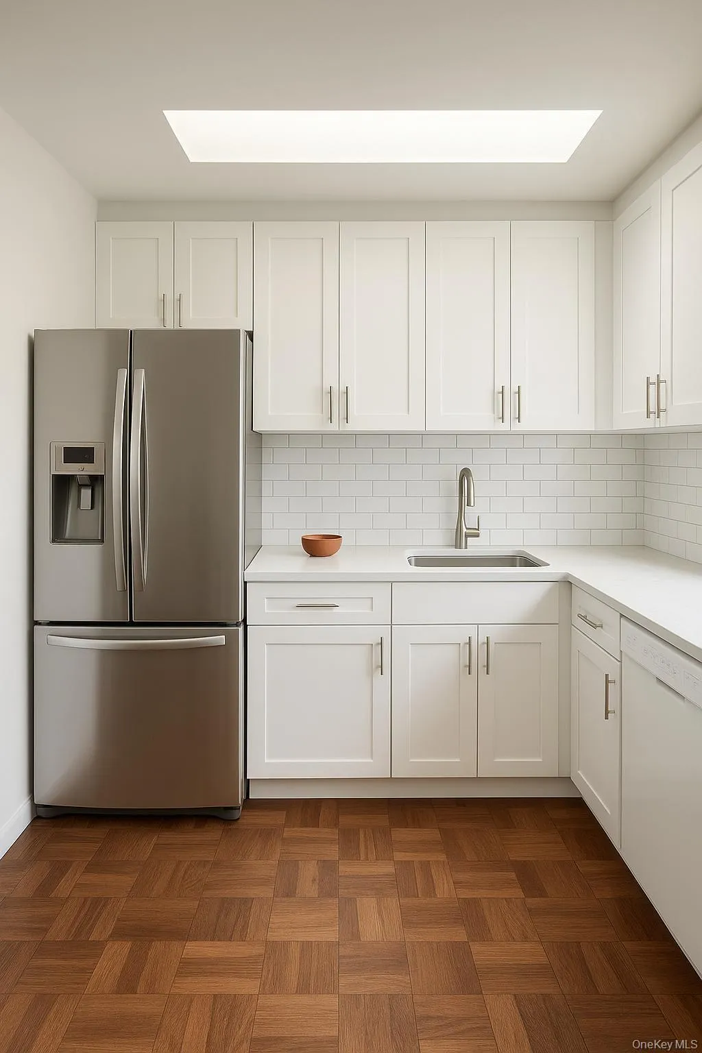 Kitchen with stainless steel refrigerator with ice dispenser, white cabinetry, and dishwasher Kitchen with stainless steel refrigerator with ice dispenser, white cabinetry, and dishwasher