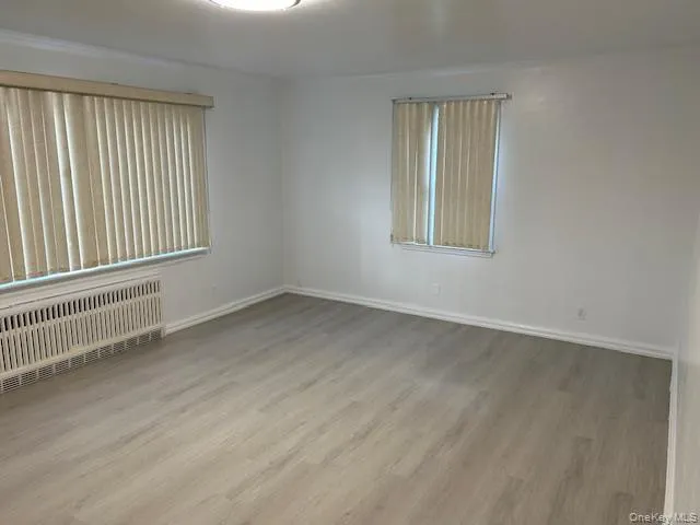 Unfurnished room with radiator heating unit, light wood finished floors, and crown molding Unfurnished room with radiator heating unit, light wood finished floors, and crown molding