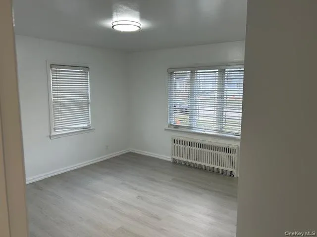 Unfurnished room featuring radiator and light wood finished floors Unfurnished room featuring radiator and light wood finished floors