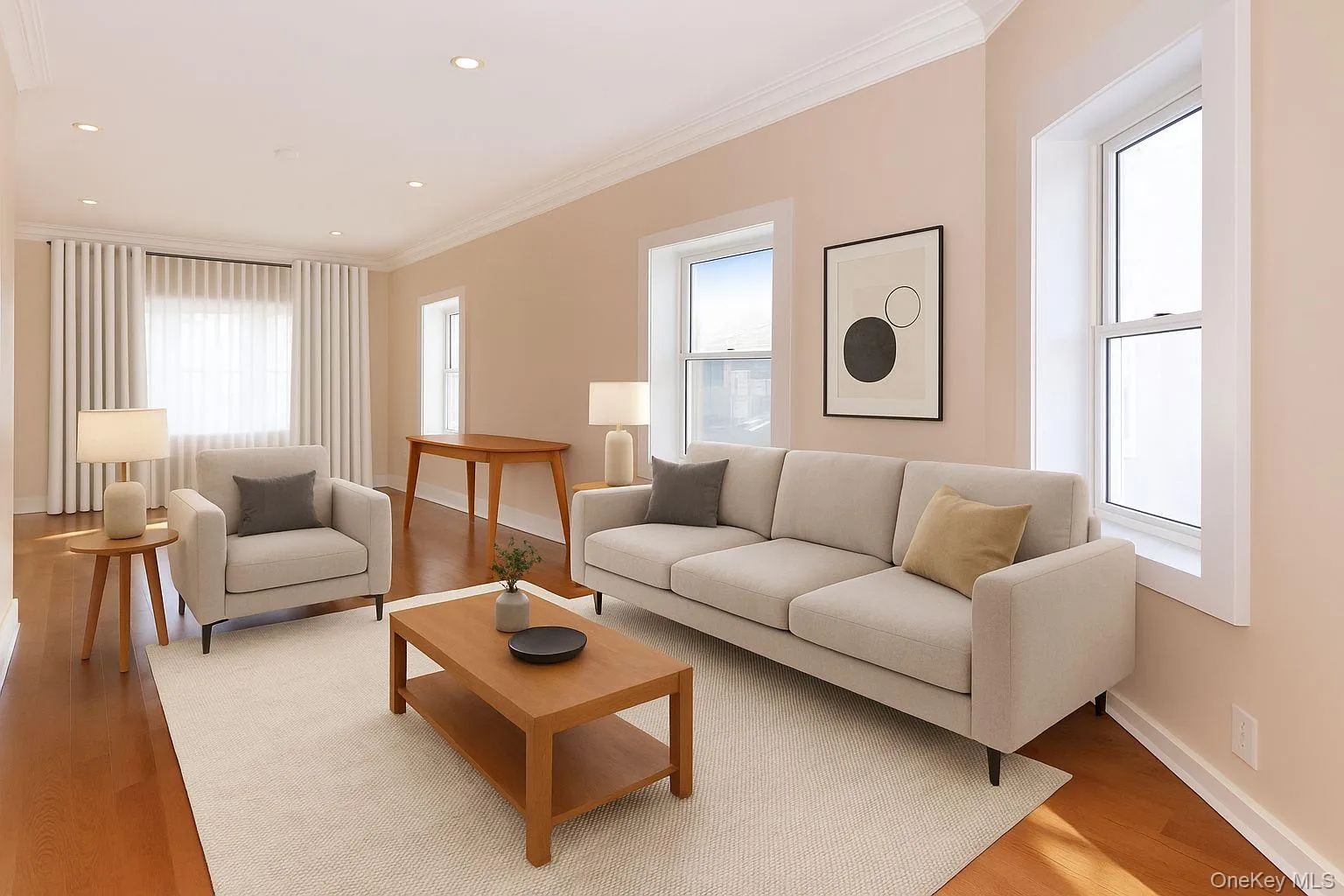 Living room featuring ornamental molding, light wood-type flooring, and recessed lighting Living room featuring ornamental molding, light wood-type flooring, and recessed lighting