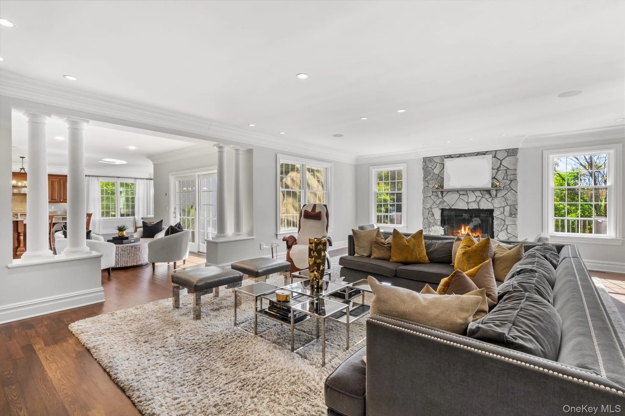 Living area featuring ornate columns, crown molding, dark wood finished floors, plenty of natural light, and recessed lighting Living area featuring ornate columns, crown molding, dark wood finished floors, plenty of natural light, and recessed lighting