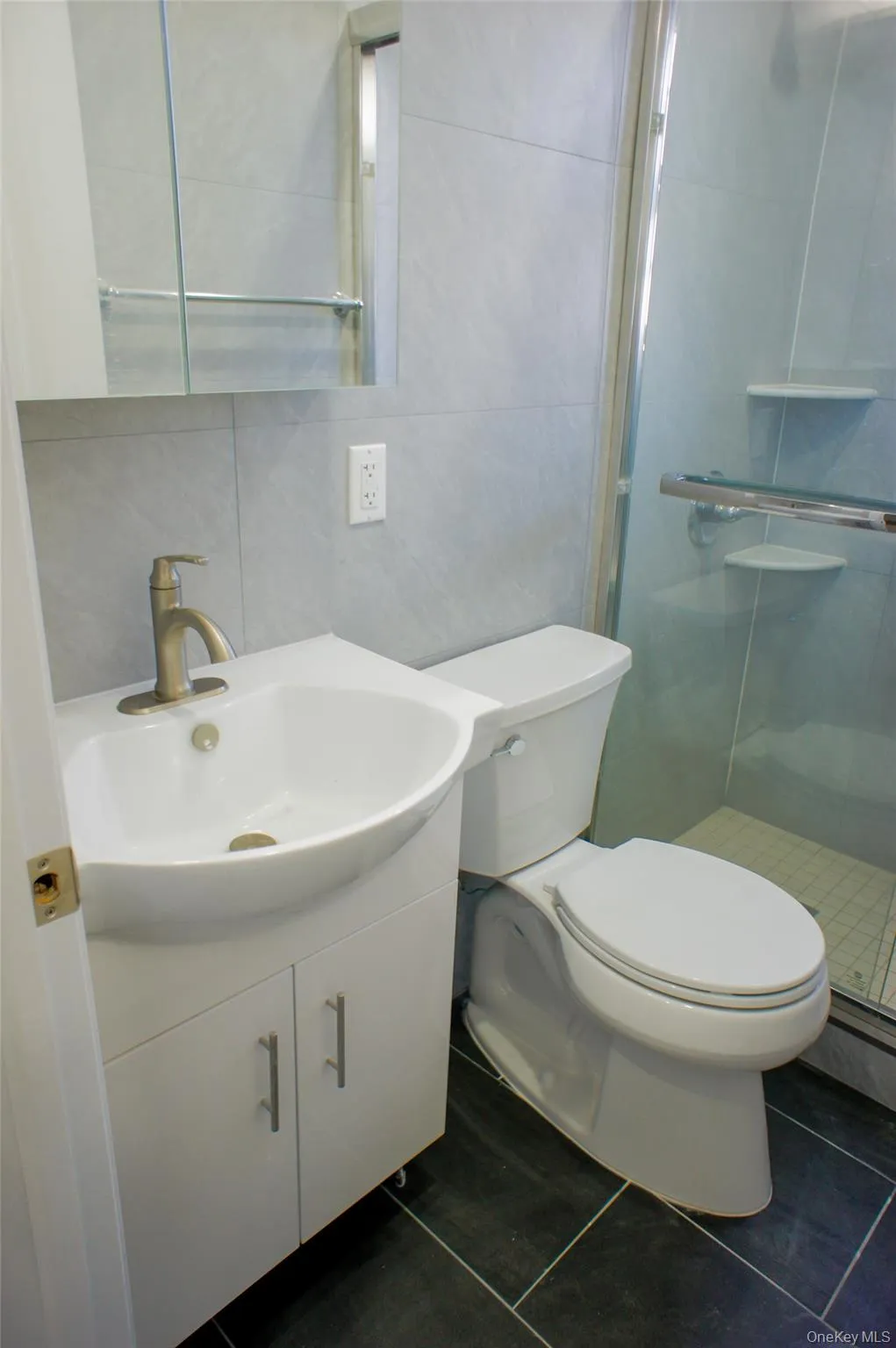 Full bathroom featuring tile walls, vanity, dark tile patterned floors, and a shower stall Full bathroom featuring tile walls, vanity, dark tile patterned floors, and a shower stall