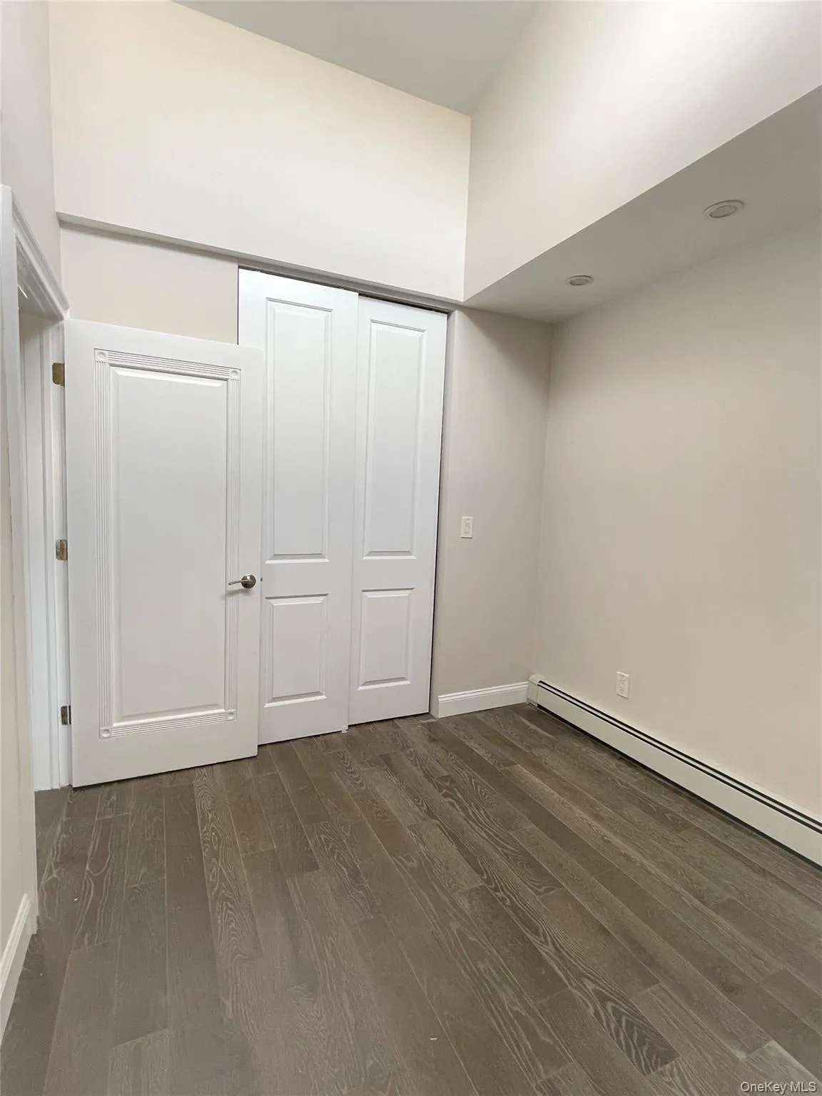 Bedroom 3 featuring baseboard heating, dark wood-style flooring, and a closet Bedroom 3 featuring baseboard heating, dark wood-style flooring, and a closet