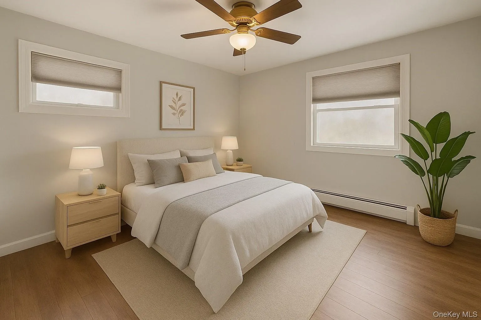 Bedroom with a baseboard radiator, wood finished floors, and ceiling fan Bedroom with a baseboard radiator, wood finished floors, and ceiling fan