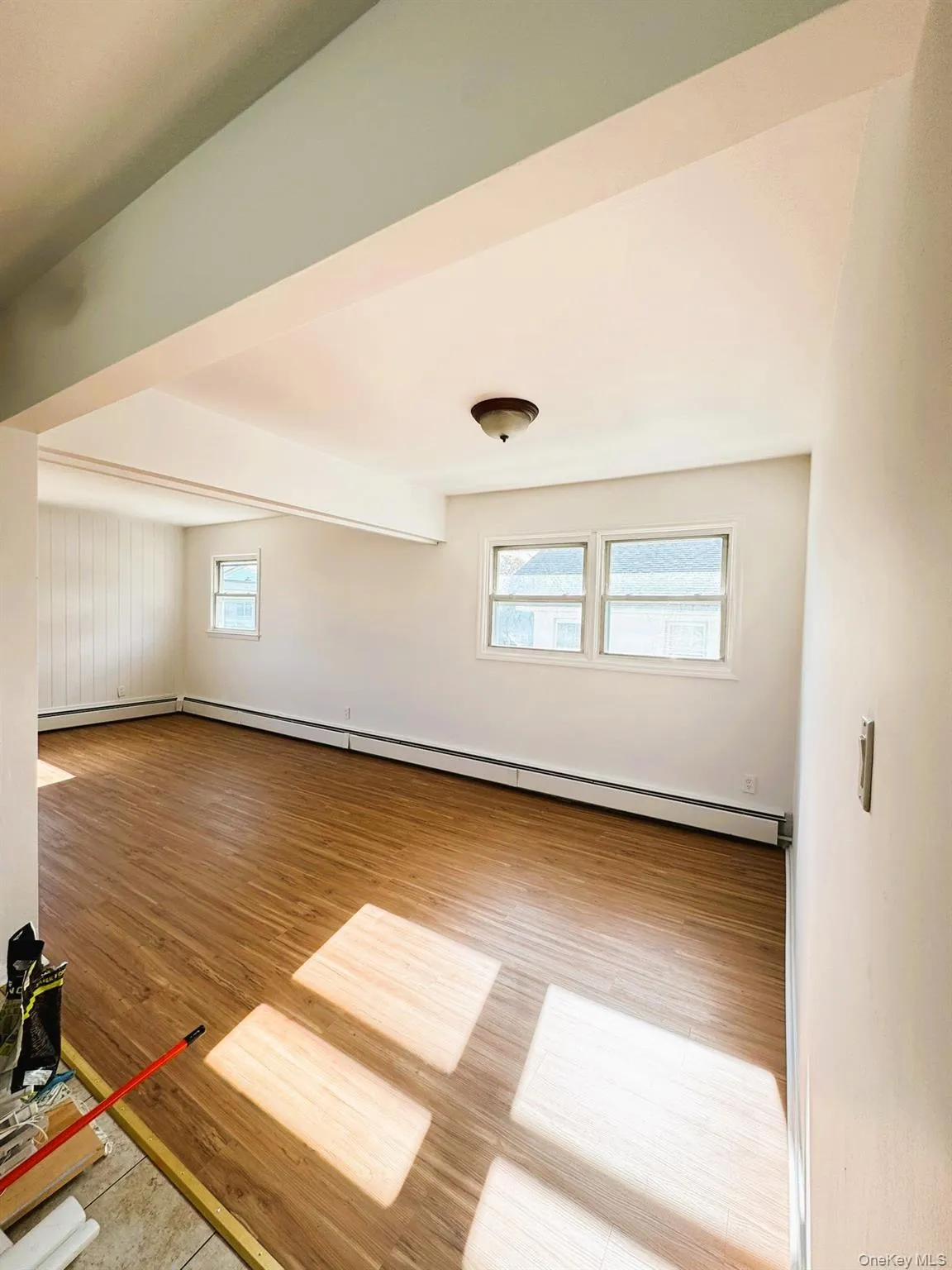 Additional living space with a baseboard radiator and light wood-type flooring Additional living space with a baseboard radiator and light wood-type flooring