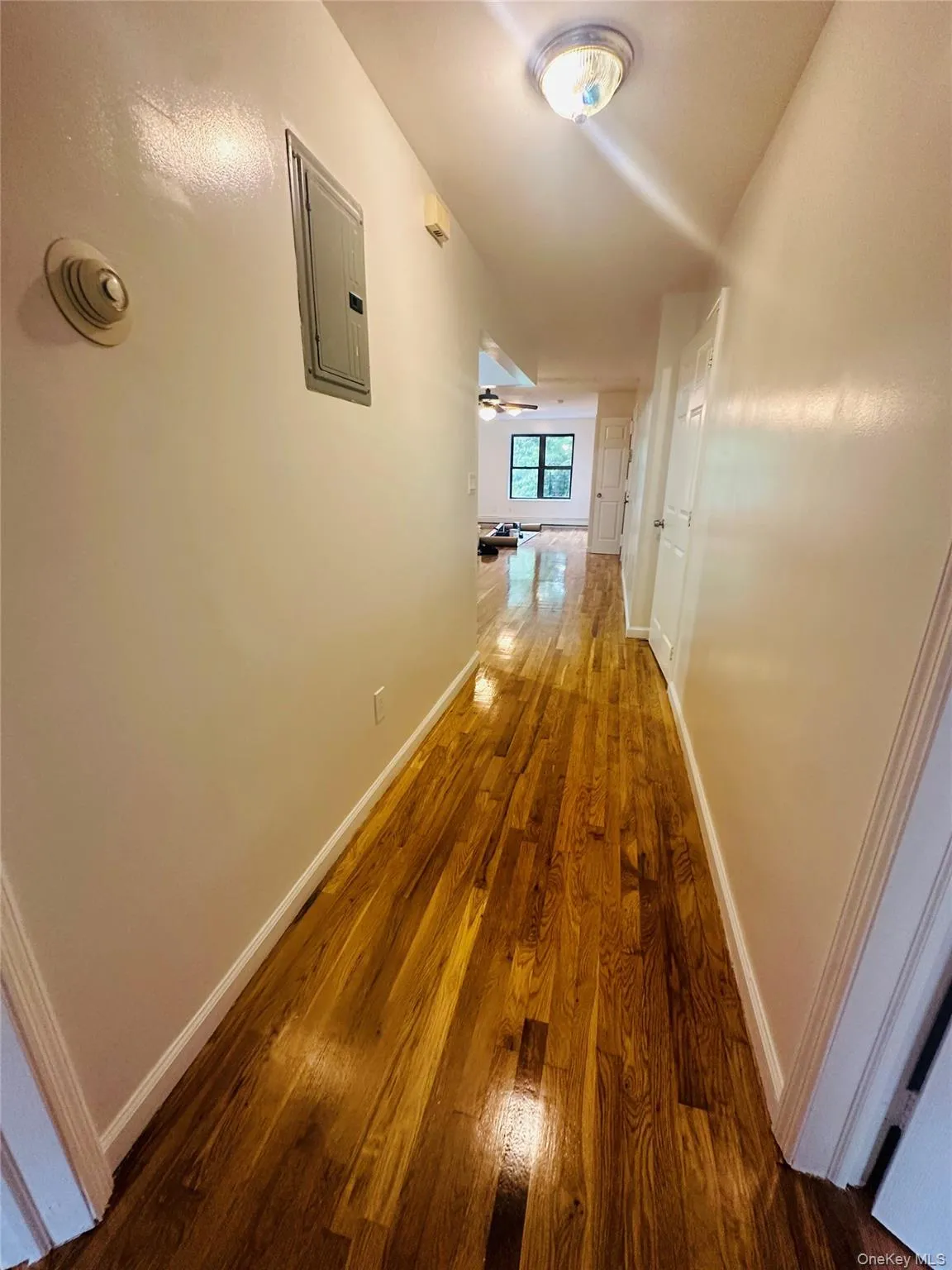 Hallway featuring wood finished floors and electric panel Hallway featuring wood finished floors and electric panel