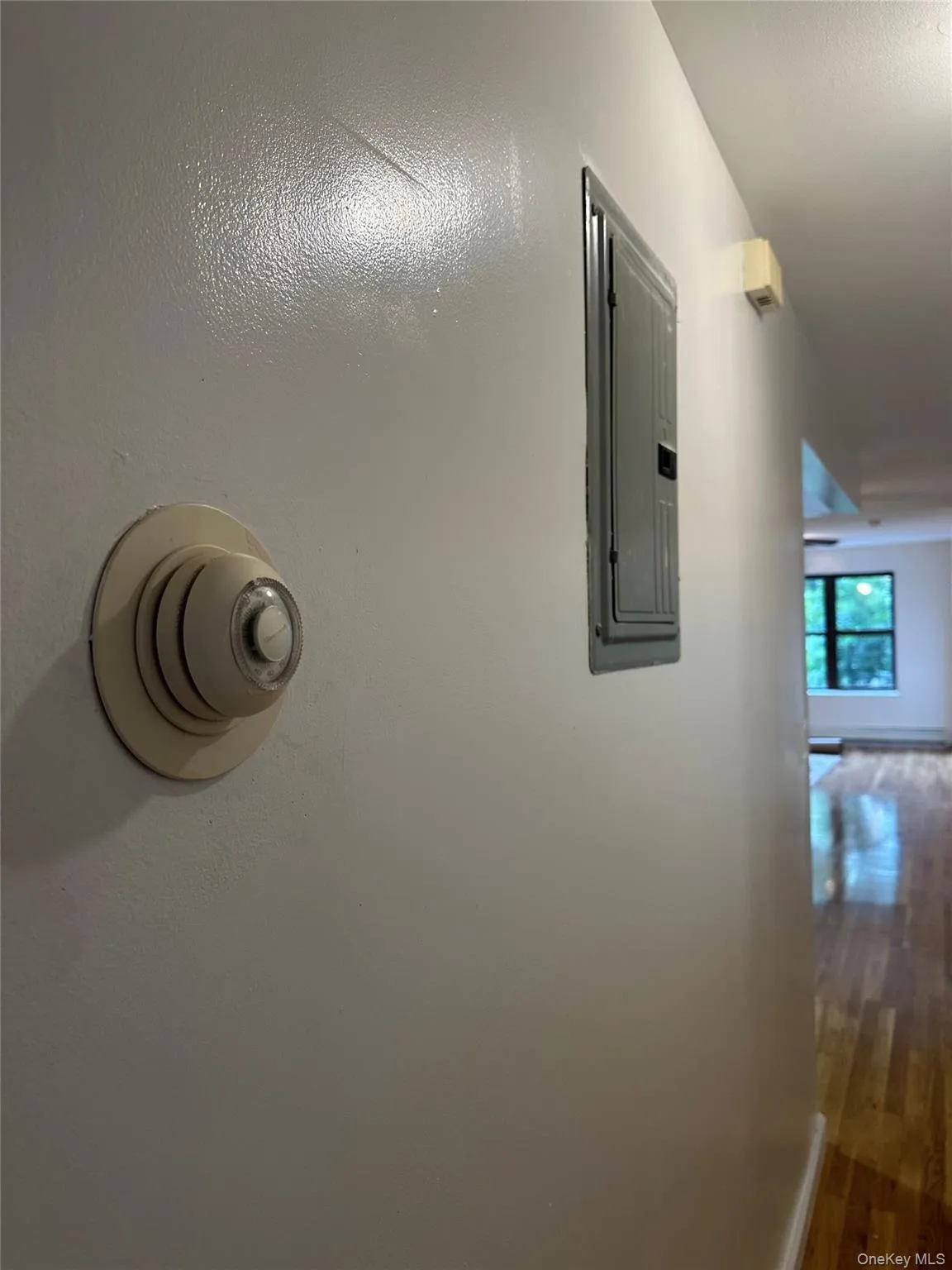 Hallway featuring wood finished floors and electric panel Hallway featuring wood finished floors and electric panel