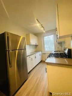 Kitchen with stainless steel appliances, white cabinets, light wood-style flooring, rail lighting, and tasteful backsplash Kitchen with stainless steel appliances, white cabinets, light wood-style flooring, rail lighting, and tasteful backsplash