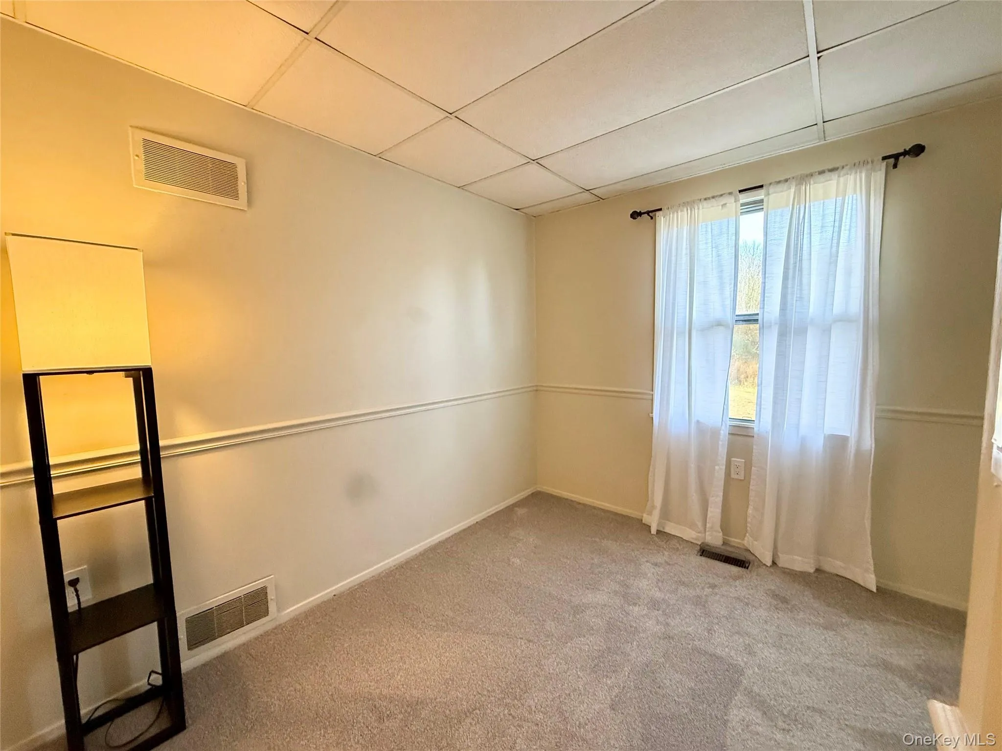 Unfurnished room with a drop ceiling and carpet flooring Unfurnished room with a drop ceiling and carpet flooring